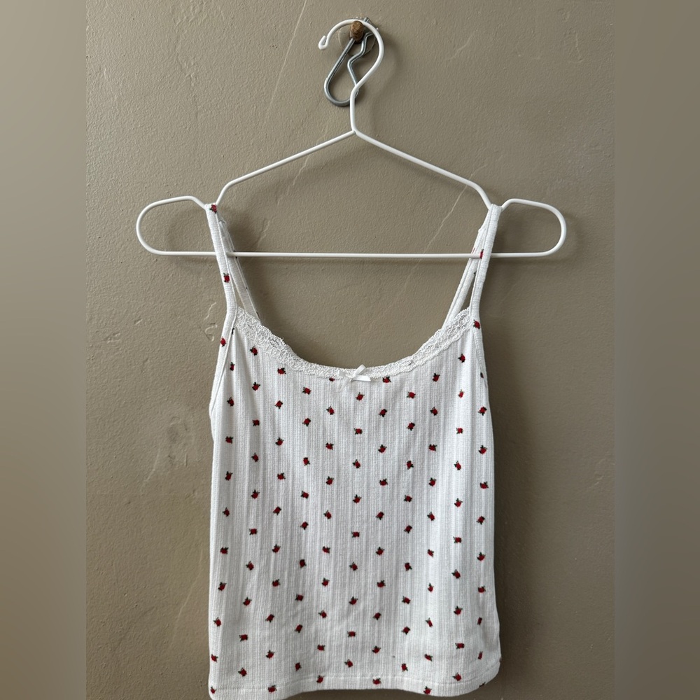 Cotton On White Top with Red Floral Accents